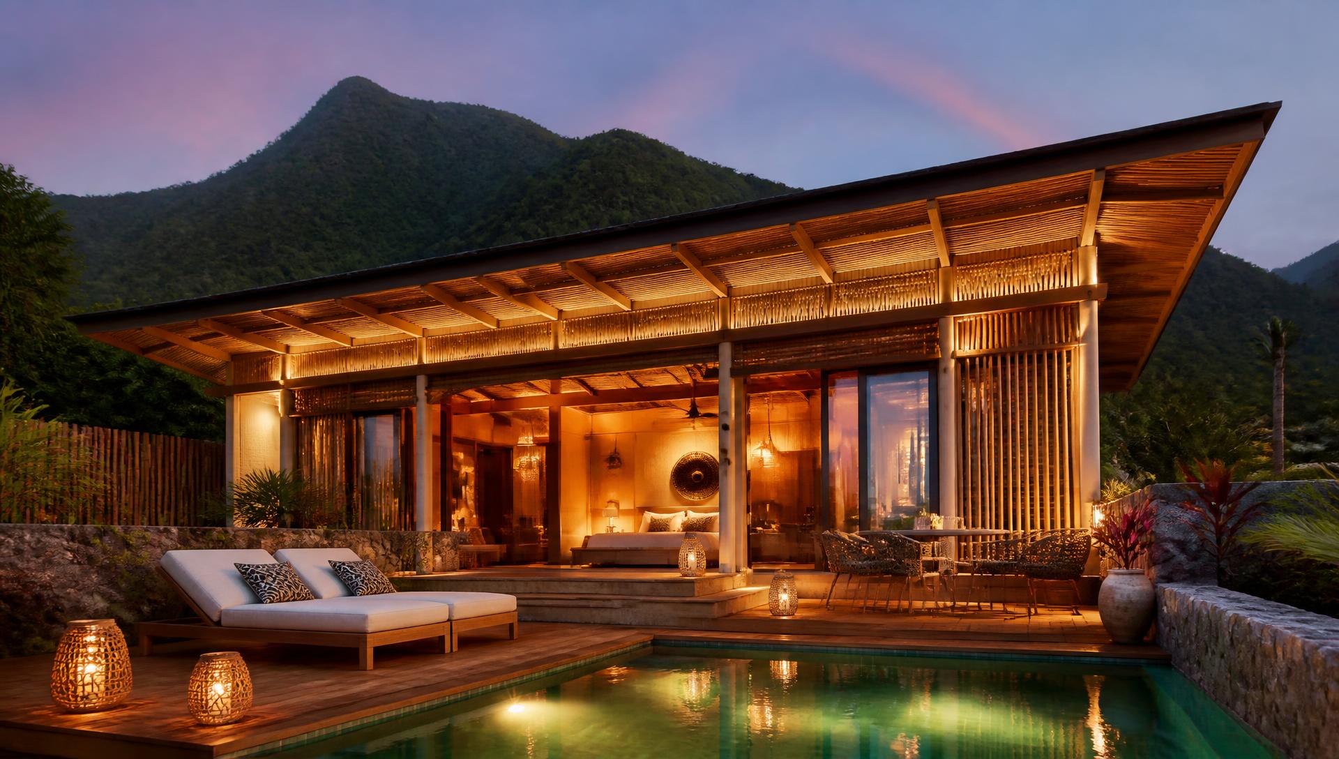 Maharlika open living pavilion at dusk with private pool, warm interior lighting and mountain backdrop